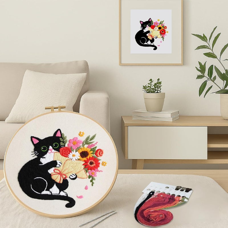 Nuberlic Black Cat Flowers Embroidery Kits for Beginners, DIY Cross Stitch Starter Craft Kits for Adults Including Cloth with Pattern, Hoop, Needles Instruction and Threads - Image 2